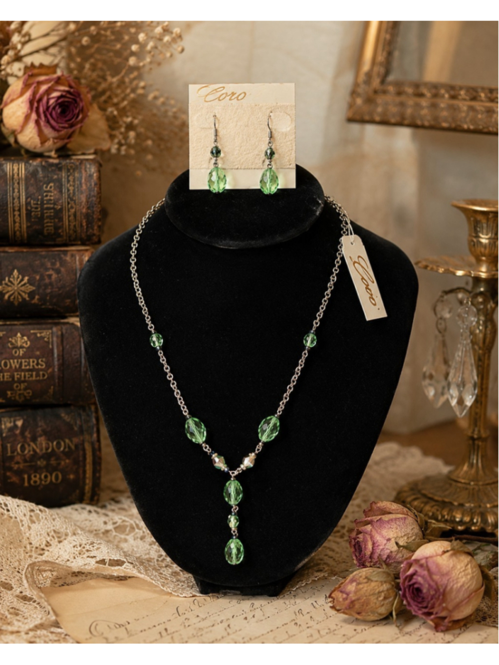 Vintage Coro Green Crystal Necklace & Earrings Set NOS Silver Tone